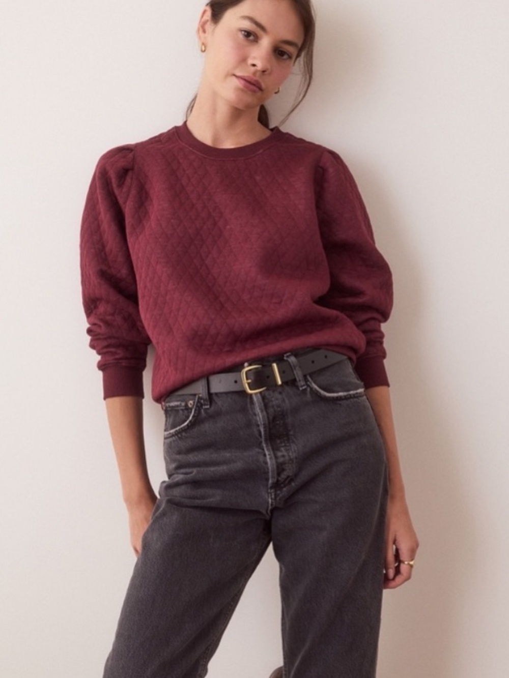 NWT Marine Layer Corbet Quilted Puff Sleeve Crewneck Sweatshirt Burgundy, size S